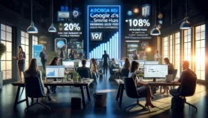A modern office environment with a team of digital marketing experts working on various campaigns. Screens display impressive metrics including a 20% reduction in cost-per-conversion, a 108% increase in year-over-year Google Ads conversions, and a 71% surge in contact form submissions. The scene reflects the energetic and focused atmosphere of WebFX, highlighting their award-winning and certified status.