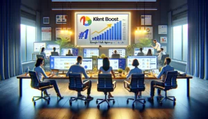 A modern office with a team of dedicated PPC experts working on Google Ads campaigns. Screens display various PPC metrics and campaign details. The energetic and focused atmosphere emphasizes KlientBoost's commitment to excellence. In the background, a banner or award indicating their #1 status across review platforms is visible.