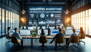 A modern office with a team of PPC experts working on tailored eCommerce campaigns. Screens display various metrics and eCommerce ads. The focused and collaborative atmosphere highlights Hanapin Marketing's expertise in managing complex accounts and optimizing ad spend to maximize ROI.