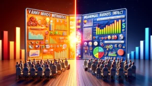 A conceptual image split into two halves. One side shows eye-catching graphs with high numbers of clicks and impressions, set against a bright, flashy background. The other side features a professional setting with detailed charts displaying metrics related to sales, revenue, and ROI, emphasizing clarity and true business impact.