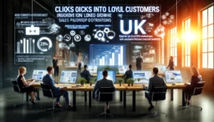 A modern office in the UK with a team of digital marketing experts working on PPC campaigns. Screens display data analytics, sales pipeline optimizations, and market insights. The scene emphasizes a focused and strategic atmosphere, showcasing graphs of increased ROI and sustainable growth, representing the data-driven approach to attract, convert, and retain high-quality leads.