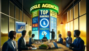 A modern office with a team of marketers analyzing a campaign. A large, eye-catching sign displays exaggerated promises like "Top Rankings Guaranteed" and "Instant Results." Another section shows a more realistic approach with charts and timelines indicating gradual progress in Google Ads management.