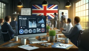 A team of marketers collaborating in a modern office on a PPC audit, with a computer screen displaying audit data, graphs, and charts. A UK flag is subtly displayed in the background.