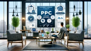 A modern office in London with a professional discussing PPC credentials. The image highlights certifications such as Google Partner status, a portfolio book, client testimonials on a screen, and charts showing successful eCommerce PPC campaigns. 