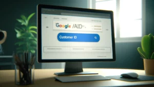 A computer screen displaying a Google Ads dashboard in a professional office setting. The top right corner of the screen highlights the Google Ads Customer ID, making it easily identifiable.