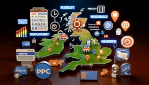 A digital marketing scene illustrating PPC advertising in the UK with a map, keywords, bidding charts, pay-per-click icons, and strategic management symbols, highlighting the benefits of flexibility, measurability, and immediate visibility.