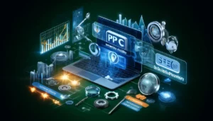 A digital marketing scene depicting the synergy between PPC and SEO, featuring icons, charts demonstrating online visibility, traffic flow to a website, and data analysis tools, highlighting their complementary roles in a comprehensive search strategy.
