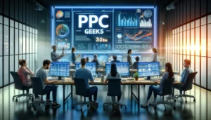 A modern office with a team of digital marketers working on PPC campaigns. Multiple screens display various PPC dashboards, charts, and analytics. A large sign in the background reads "PPC Geeks," emphasizing the energetic and collaborative atmosphere. 
