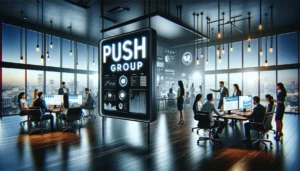 A modern office with a team of professionals collaborating on digital marketing strategies. The focus is on a prominent sign that reads "Push Group." The office is equipped with high-tech devices and large screens displaying analytics and marketing dashboards, creating a professional and energetic atmosphere.