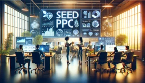 A modern office with a team of professionals working on digital marketing strategies. A sign reading "Seed PPC" is prominently displayed. The vibrant and collaborative atmosphere includes screens showing analytics and marketing dashboards. 