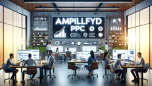 A modern office with a team of professionals working on digital marketing strategies. A prominent sign reading "Amplifyd PPC" is displayed in the background. The office features high-tech devices and large screens showing analytics and marketing dashboards. 