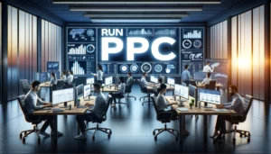 A contemporary office with a team of professionals working on digital marketing campaigns. A prominent sign reading "Run PPC" is displayed in the background. The office features modern technology, including large screens showing analytics and PPC campaign dashboards. 