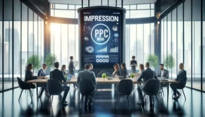 A modern office with a team of professionals working on digital marketing strategies. A prominent sign reading "Impression PPC" is displayed in the background. The office features advanced technology, including large screens showing analytics and PPC campaign dashboards. 