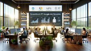A modern office with digital marketing experts working on Google Ads campaigns. Large screens display PPC results and analytics. Signs representing top Google Ads agencies in the UK are visible, emphasizing expertise and client success.