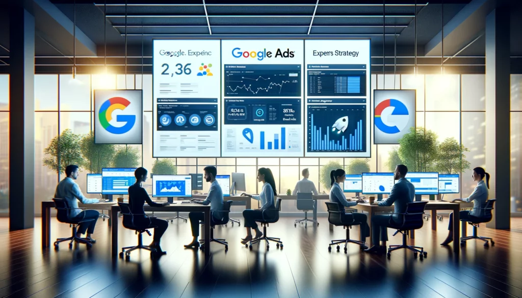 A modern office with digital marketing professionals working collaboratively. Large screens display Google Ads dashboards and PPC results. Signs or logos representing the top 7 Google Ads agencies in the UK are prominently featured.