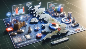 A digital marketing scene focused on understanding the UK digital landscape, featuring UK market dynamics, consumer behavior charts, competitive analysis tools, and a map of the UK with symbols representing Google ads and a London PPC agency.