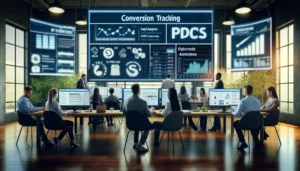 A modern office with digital marketing professionals setting up and analyzing conversion tracking for PPC campaigns. Multiple screens display data on ads, keywords, and campaign performance, highlighting valuable actions on a website. Charts and graphs illustrate the effectiveness of different PPC elements.