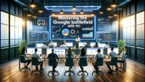 A modern office with digital marketing professionals working on Google Ads and SERP strategies. Multiple screens display Google Ads dashboards, SERP analytics, and keyword strategies. A prominent sign reads "Mastering the Google Battlefield with PPC.
