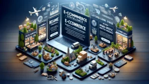 A digital marketing scene showing e-commerce excellence through case studies, featuring bespoke strategies, market-specific keyword research, dynamic ad placements, and customer match tools, with various e-commerce products reaching their target audiences.