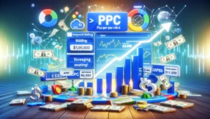 A digital marketing scene showing the cost structure of PPC for Google ads, with elements such as keyword bidding, pay-per-click model, escalating costs, and symbols of money and campaign management.