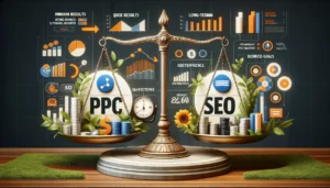A digital marketing scene comparing PPC and SEO, featuring a scale balancing immediate quick results and long-term growth, with symbols of cost-effectiveness, business goals, and budget constraints.