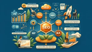 A digital marketing scene showing strategies for integrating PPC and SEO, with elements like keyword synergy, content alignment, and budget allocation, highlighting consistent user experience and ROI analysis.
