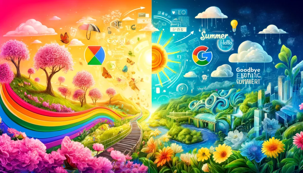 PPC News May 2024 - An illustration showing the transition from spring to summer with elements like blooming flowers and sunny skies, alongside icons for Google Ads, mobile advertising, SEO (Yoast), and an award for 'Best Workplaces for Development 2024'. The text 'Goodbye Spring, Hello Summer!' is displayed.
