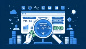 A dashboard displaying metrics related to Quality Score in PPC campaigns, including ad relevance, keywords, and landing page experience. The image features a score gauge indicating a high Quality Score, a chart comparing costs, and ad positions. Icons or symbols representing ads, keywords, and landing pages are also present.
