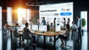 A team of digital marketing experts in a modern office conducting keyword research for a Google Ads PPC campaign, highlighting the importance of selecting the right keywords for a Google Ads PPC Agency.