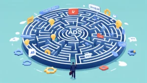 An illustration showing the role of a Google Ads agency navigating the complexities of Google Ads depicted as a labyrinth. The image includes elements like PPC symbols and keywords, representing challenges turned into opportunities.