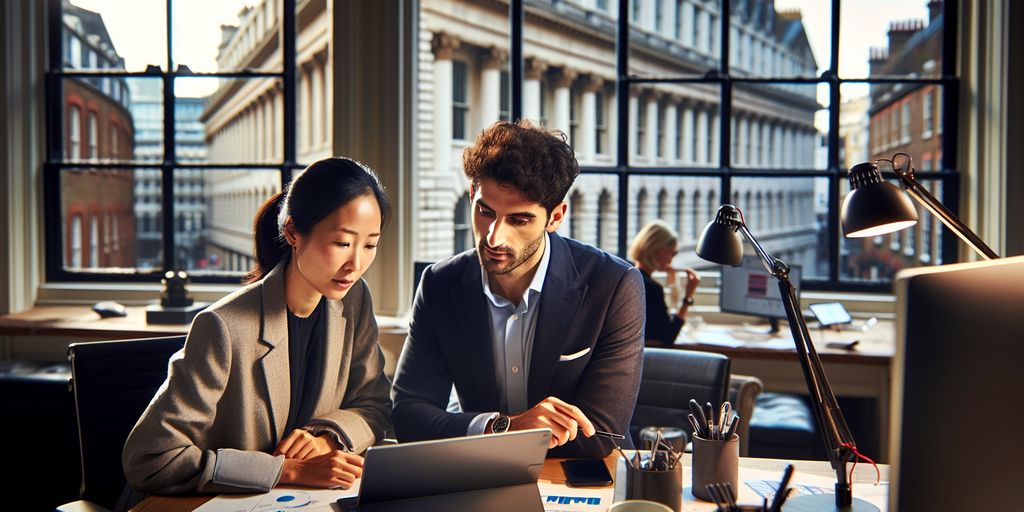 business people analyzing data on computer in London office