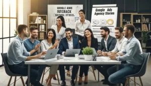 Diverse group of business professionals happily collaborating in a modern office setting with laptops, documents, and charts, reflecting Google Ads Agency Success Stories.