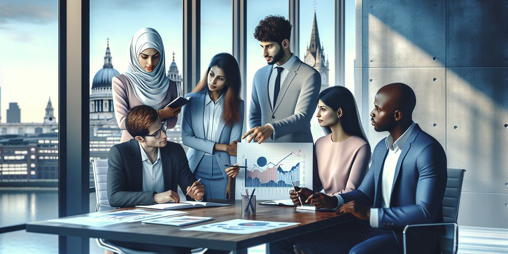 A diverse group of professionals in a modern office setting, engaged in a meeting. One team member is presenting a chart with data visualizations. The office has large windows with a view of a cityscape including iconic UK landmarks.