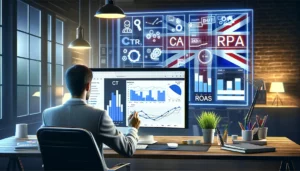 Google Ads ROI for UK Brands, featuring a professional digital marketing workspace with charts and graphs on computer screens displaying metrics like CTR, CPA, and ROAS.
