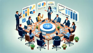 A business meeting scene with a diverse group of professionals discussing and strategising around a table with charts and laptops, highlighting different business goals such as brand awareness, lead generation, and direct sales, with elements showing Google Ads PPC budget planning.