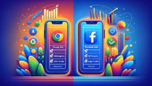 Illustration of choosing the right PPC ad network for mobile advertising, featuring Google Ads and Facebook Ads logos on smartphones, with a central checklist of key factors.

