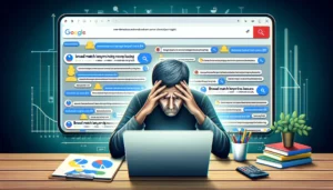 Person looking stressed while reviewing a laptop screen with a lot of Google Ads results, symbolizing mistakes in Google Ads due to over-reliance on broad match keywords.