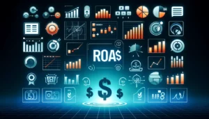 Digital marketing dashboard displaying ROAS FAQs with charts and graphs showing ad spend and revenue data, including icons related to digital advertising.