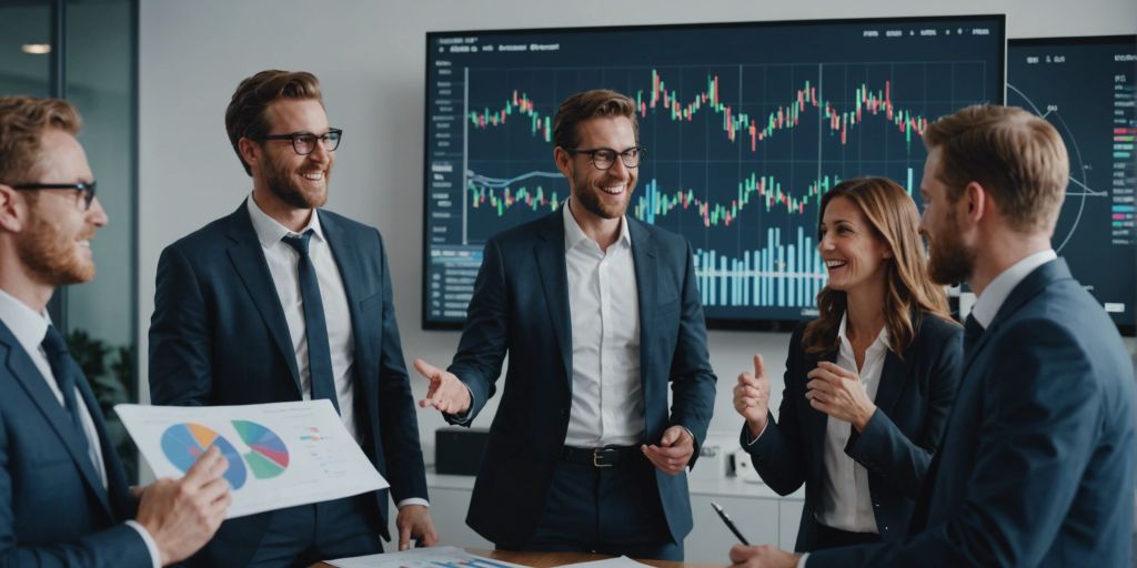 Business professionals in a modern office discussing Google Ads Agency Success Stories with charts and financial graphs displayed on screens.