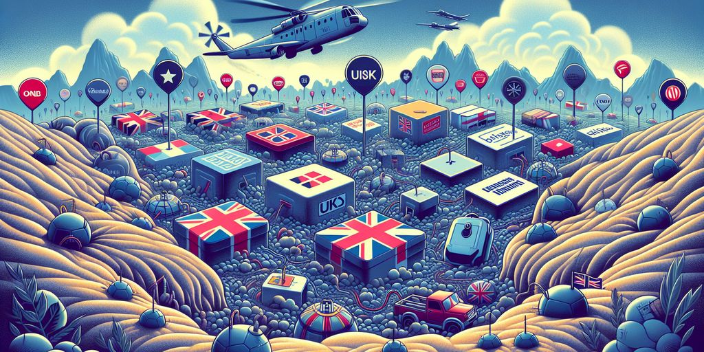 A landscape filled with various boxes representing different countries, marked with national flags and symbols. Helicopters and planes hover above, indicating the complexity and potential mistakes in Google Ads targeting different regions.