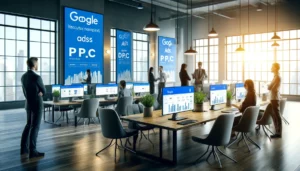 A modern digital marketing agency office with large computer screens displaying Google Ads PPC campaign dashboards, highlighting the dynamic and collaborative atmosphere of a Google Ads PPC Agency.