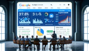 Digital marketers reviewing a Google Ads budget overview page on a large screen with charts for daily or monthly views, highlighting spending compared to the allocated budget and showing trends or anomalies for immediate action.