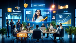 A team of digital marketing professionals celebrating client success in a modern office, with charts showing increased ROI, lead generation, and brand visibility, representing certified Google Advertising Agencies UK.