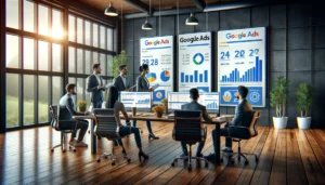 A professional digital marketing team in a modern office, analyzing data on multiple screens showing Google Ads PPC campaign metrics, emphasizing the expertise and experience of a Google Ads PPC Agency.