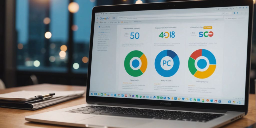 A laptop displaying data analytics with charts comparing PPC and SEO performance, illustrating the question: Is PPC cheaper than SEO?