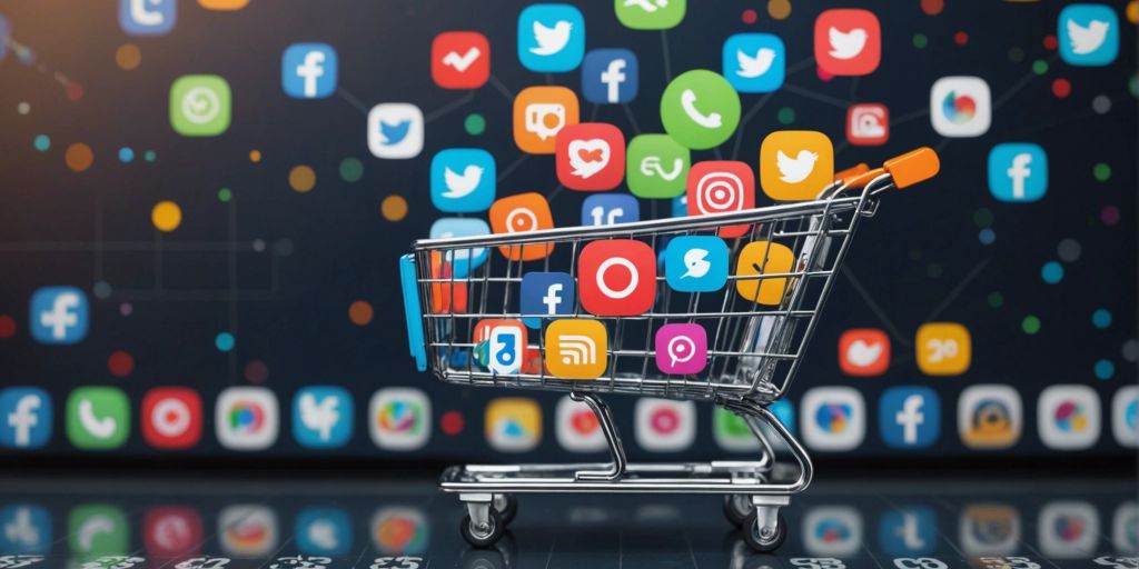 Shopping cart filled with various social media platform icons, symbolizing the integration of eCommerce within social media.