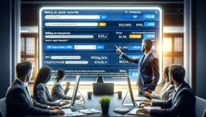 A business professional pointing at a large screen displaying a search engine results page with highlighted PPC ads at the top, illustrating how PPC works.