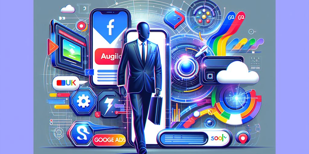 Key Innovations and Trends in Google Ads - A professional stepping into a vibrant world of digital marketing, showcasing platforms like Facebook and Google Ads as pivotal tools in modern advertising strategies.