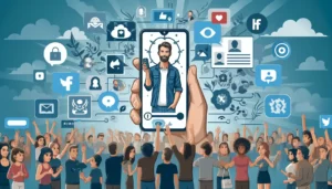  Illustration of a social media influencer surrounded by social media platform icons, engaging with their audience through a smartphone. The influencer endorses a product with a crowd of followers interacting positively.