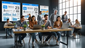 Google Ads Agency for Small Business team working in a modern office with large screens displaying analytics and ad performance metrics, showcasing customised campaigns for niche markets.